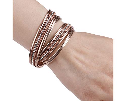 Fesciory Leather Wrap Bracelets for Women, Boho Leopard Multi-Layer Crystal Beads Cuff Bracelet Jewelry - color: B23:Champagne Rhinestone(Double Wrap)
