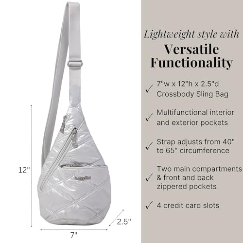 Baggallini Mini Sling - 12x7 Sling Crossbody Bag Backpack with Adjustable Shoulder Strap - color: Silver Metallic Quilt