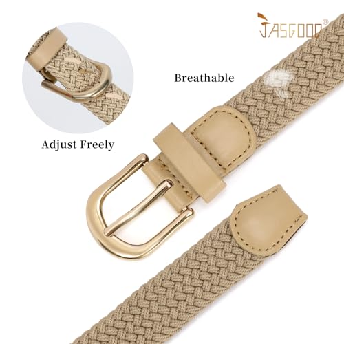 JASGOOD 2 Pack Braided Belts for Women, 1'' Narrow Width Elastic Woven Stretch Fabric Cloth Belts with Gold Buckle - color: G-black+beige, size: Fit Size 25"-28"