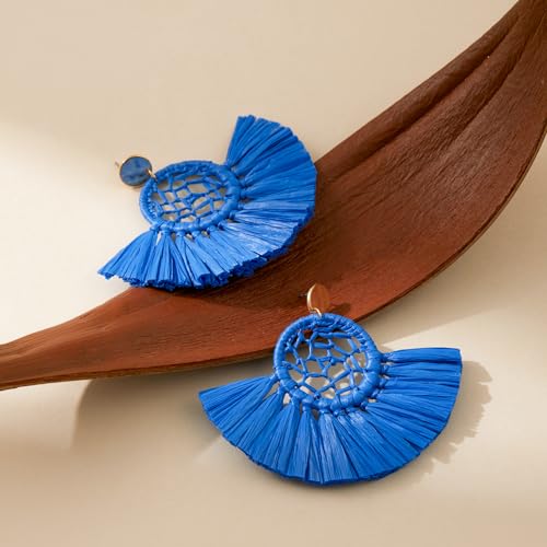 Boho Raffia Summer Beach Earrings for Women, Large Statement Dangle Drop, Lightweight Handmade Woven Fan Tassel Jewelry - color: Royal Blue