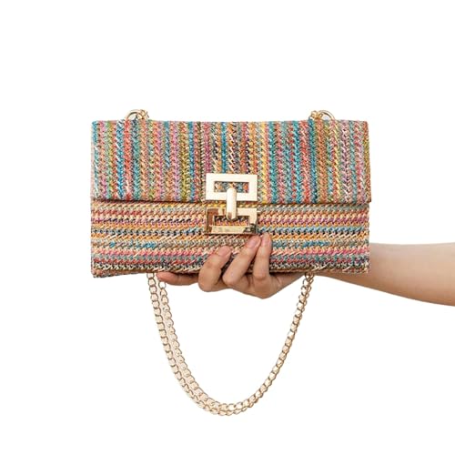 Huralona Women Straw Woven Clutch Purse Pleated Handbag for Summer Beach Vacation Straw Shoulder Crossbody Bag - color: Rainbow1