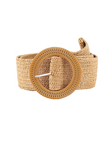 Verdusa Women's Western Belt Cowgirl Boho Straw Belts Round Buckle Elastic Waist Belt - color: Camel, size: Suit Waistline 41″-45″