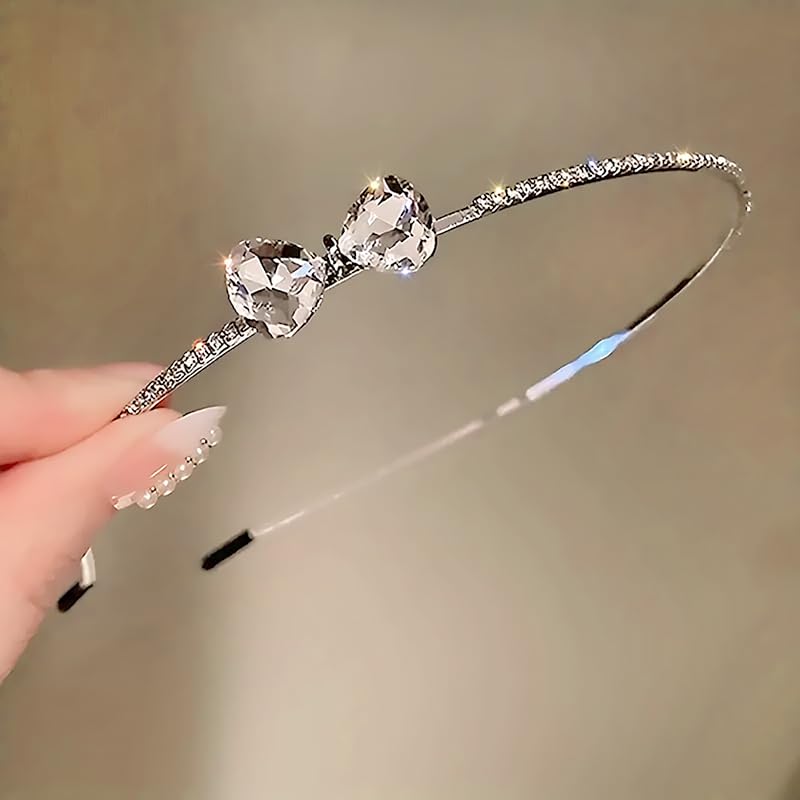 AIBFRID Metal Headbands for Women Fashion Rhinestone Headband with Bow, Crystal Thin Head Bands for Teen Girls Cute Womens Headbands, 2PCS Girls Trendy Stuff Designer Hair Accessories, White & Black