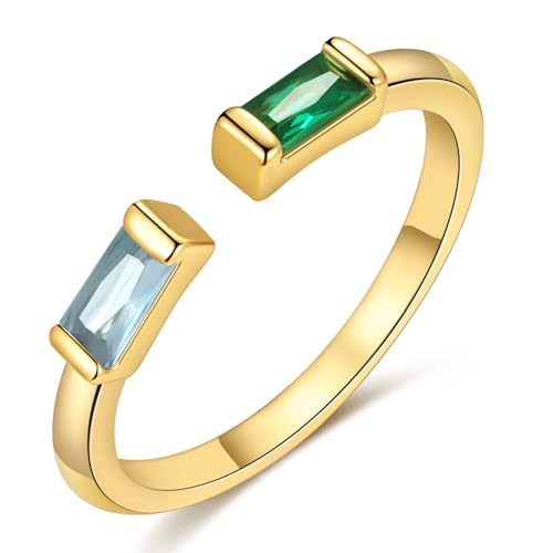 TOBENY Gold Birthstone Rings for Women 14K Gold Plated Adjustable Rings Non Tarnish Gold Stackable Rings Dainty Emerald Green Cubic Zirconia Ring for Mother Daughter Birthday Jewelry Gifts - color: Mar+May