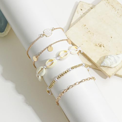 Shell Ankle Bracelets Set for Women Boho Bead Anklets Hawaiian Summer Beach Seashell Pearl Disc Puka Cowrie Conch Foot Chain Jewelry Gifts Gold Tone Adjustable - style: Disc