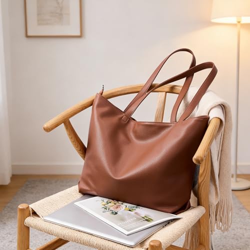 WLLWOO Soft Vegan Leather Tote Bag for Women Large Casual Hobo Handbags Zipper Shoulder Work Daily Weekender Travel Purse - color: Brown