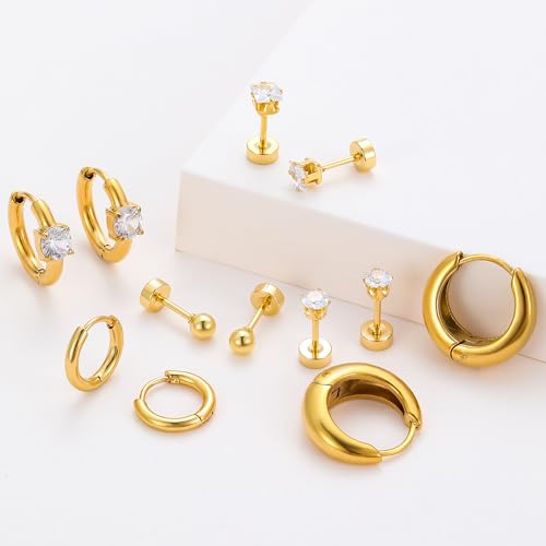 Silver Gold Plated Surgical Steel Flat Back Earrings for Women Hypoallergenic 14K Gold Plated Stud Huggie Earring Set Fashion Shell Cubic Zirconia Flatback Studs Cartilage Earrings Pack for Multiple Piercing 5/8Pairs - color: 6 Pairs Gold Plated Hoops Fla
