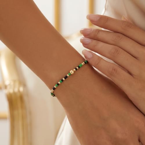 Boho 4Pcs Stack Colorful Small Seed Beaded Bracelets Set for Women, Cute Handmade Dainty Trendy Gold Plated Stretch Accessories Thin Glass Jewelry, Summer Daily Party Friendship Gift - color: Green