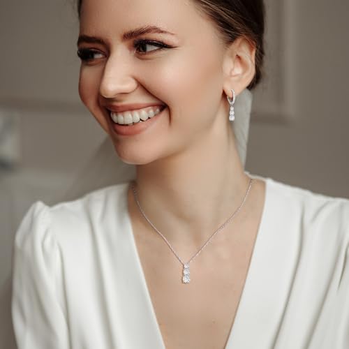 Crysdue Cubic Zirconia Jewelry Set for Women Bridesmaid, Classic Round Cut Drop Lightweight Lever Back Earrings Pendant Necklace Tennis Bracelet for Wedding Prom Party - style: 2pcs Silver