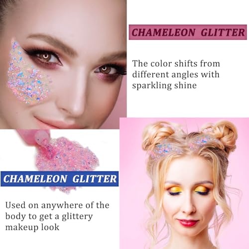 MEICOLY Chameleon Baby Pink Body Glitter,Pink Turn to Purple Face Glitter Paint,Holographic Color Changing Mermaid Face Glitter Gel for Hair,Self-Adhesive Chunky Glitter for Halloween Festival Party - color: chameleon baby pink body glitter