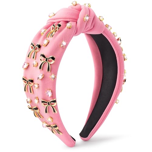 PANTIDE Coquette Black Bow Jeweled Knotted Headband - Rhinestone Crystal Embellished Preppy Trendy Headband Wide Top Knot Non Slip Fashion Hairband Hair Accessories Birthday Gift for Women Girl (Pink) - color: Pink Black Bow