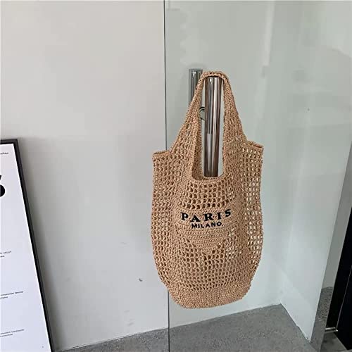 POOOPSSD New Woven Bag, Straw Mesh Tote Bag, Beach, Shoulder Bag, Hobo Women, Foldable Large Capacity, for Holiday. - color: Khaki
