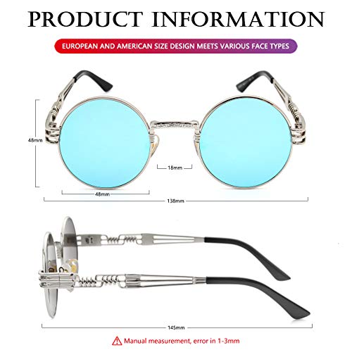 AIEYEZO Round Steampunk Sunglasses for Men Women Retro Circle Hippie Glasses Metal Frame 100% UV Blocking Lens - color: Silver/Ice Blue Mirror