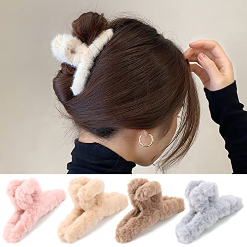 SEVEN LUCKY LIGHT Hair Clip, 7 Pcs 4.5" Fuzzy Claw Clips for Thick Hair, Cute Fuzzy Clip for Women Girls, Soft Hair Clips | 7 Neutral Colors for Kitchen, Makeup, Work, GYM or at Home, Outdoor, in Morning, Daytime or Nighttime, Women & Girls Favorite