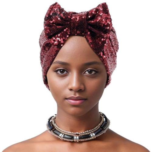 Erinaco Women Sparkle Sequin African Turban Bow Knot Pre-Tied Cap Pleated Ruffle Bonnet Beanie Hat Headwrap Skull Caps - color: Wine Red Sequin