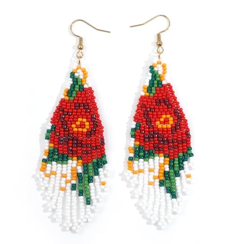 Bohemian Beaded Long Tassel Dangle Earrings for Women, Handmade Jewelry White Tarnish Resistant Lightweight Design, Stylish Accessory for Beach Vacation Party and Gift - color: colors-3
