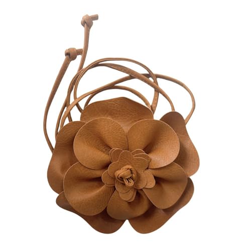Boho Big Flower PU Leather Waist Belt Chain for Women Rose Floral Camellia Long Tassel Adjustable Waist Band Jewelry - color: Light Camel