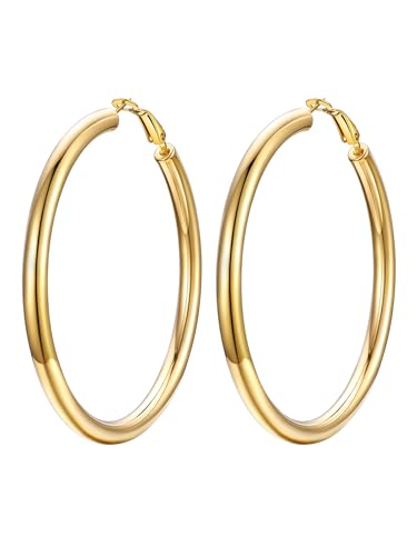 Stainless Steel Chunky Hoop Earrings For Women, Minimalist and Chic, Black/Gold Plated, Round Hoops Earrings Hypoallergenic, Size: 30mm/40mm/60mm/80mm, Come with Box - color: 1. Gold, size: 70MM