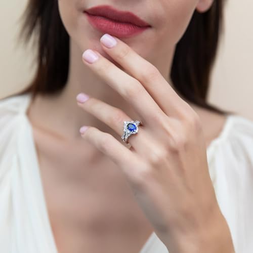 BERRICLE Sterling Silver CZ Halo Wedding Engagement Rings for Women, Oval Cut Cubic Zirconia, 1-3 Piece Sets, Pink/Blue/Clear - style: 2 Piece Set, Sapphire