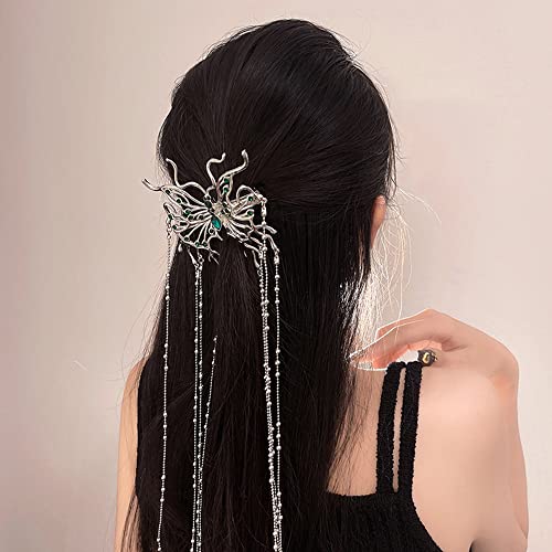 Jumwrit Silver Rhinestone Hair Clip Semi Circle Hair Barrette Long Beaded Chain Tassel Ponytail Holder Clip Boho Big Spider Hair Clip Bling Hair Accessories for Women Girls