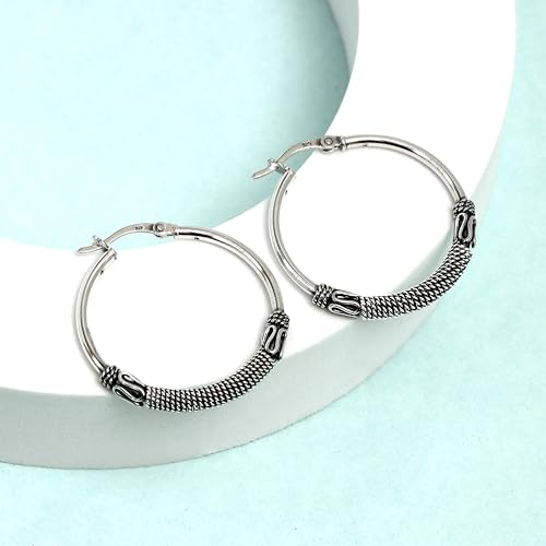 Charmsy 925 Sterling Silver Oxidized Balinese Hoop Earrings for Women | Lightweight Click Top Antique Oxidized Balinese Hoops Earring | Sise 30-60mm - color: Silver