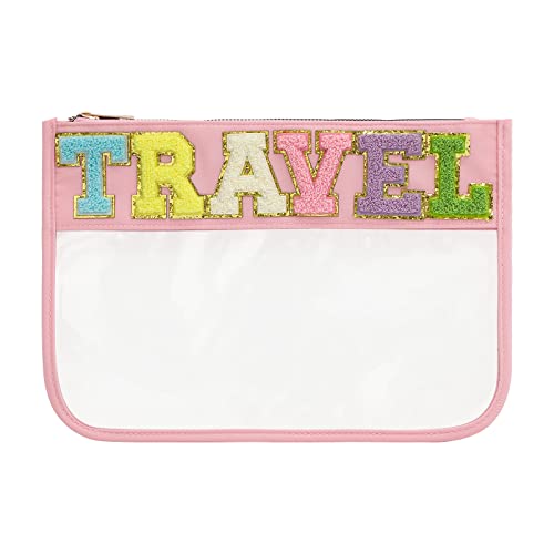 DYSHAYEN Chenille Letter Clear Zipper Pouch for Travel,Nylon Clear Cosmetic Bag,Makeup Travel Bag for Women Girls 11.8 Inches x 8.2 Inches - color: Pink-Travel