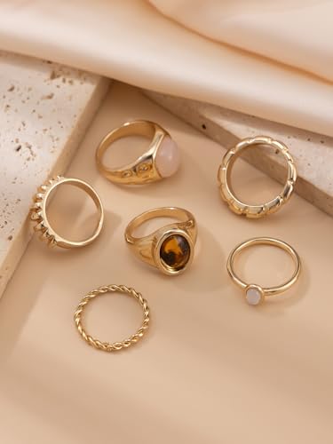 Chunky Gold Rings for Women Non Tarnish Boho Stackable Rings Set Adjustable Open Joint Finger Midi Knuckle Ring Packs - color: Gold Chunky Stackable Rings 6Pcs