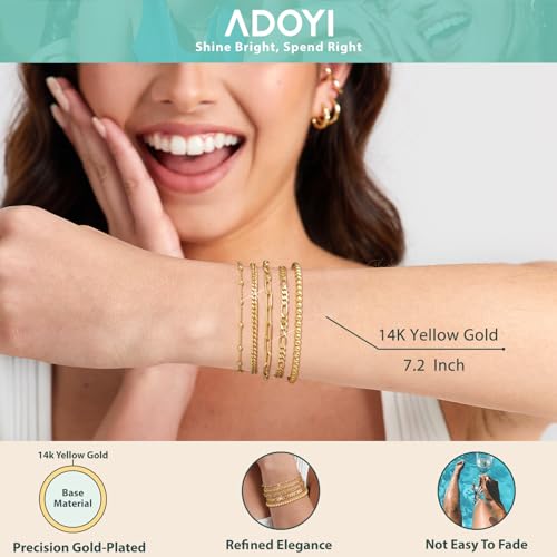 adoyi Gold Bracelets for Women, 14K Gold Plated Stackable Bracelet Stack Set Adjustable Charm Paperclip Chain Cuban Link Layered Waterproof Jewelry Sets Gifts for Womens - color: Gold 7.2 IN Large Wrist
