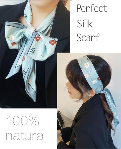kcctoo 59” Long Silk Like Head Scarf Women's Fashion Square Neck Satin Scarfs for Bag Hair Scarves Gift 59 * 5.9” - color: E1 Little Daisy Light Green 59" X 5.9"