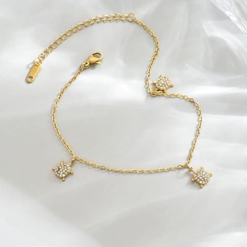 Anklet for Women, 18K Gold Plated Dainty Sea Turtle Heart Butterfly Moon Star Dolphin Snake North Star Charm Dangle Anklet, Cubic Zirconia Adjustable Summer Beach Foot Jewelry, Christmas Gifts - style: Zircon Sea Turtle-Gold