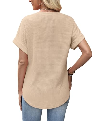 Sampeel Summer Tops for Women 2026 Trendy Rolled Short Sleeve Shirts Waffle Knit Crew Neck Tops Curved Hem Fashion Clothing - color: Beige, size: XX-Large