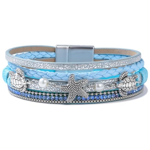 FANCY SHINY Turtle Starfish Leather Wrap Bracelet Boho Rhinestone Pearl Cuff Bracelets for Women Summer Beach Jewelry for Women - color: Blue