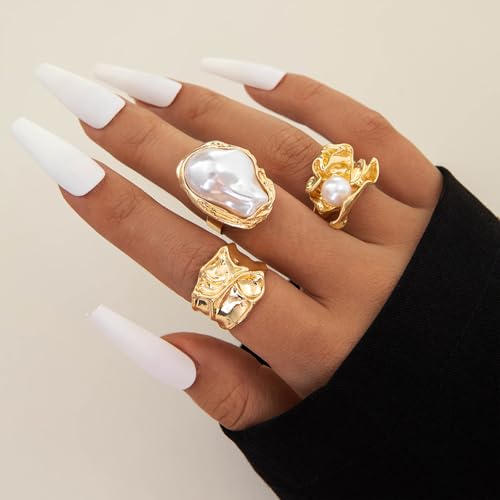 Chunky Gold Rings for Women Non Tarnish Statement Flower Ring Baroque Pearl Stackable Rings Set 6Pcs Chunky Jewelry - color: Gold 5