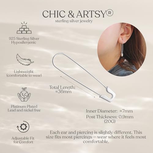 CHIC & ARTSY 925 Sterling Silver Safety Pin Earrings - Lightweight Comfortable Punk Paperclip Cartilage Hoop Earrings, Trendy Industrial Style Jewellery for Women and Men - color: White-#3