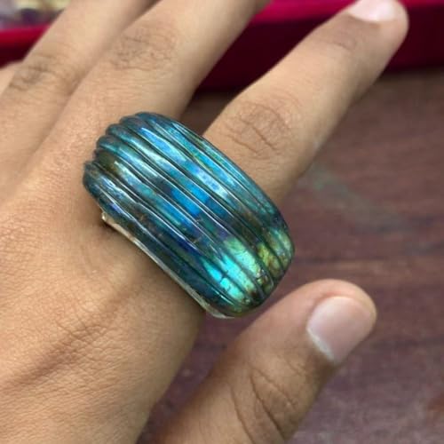 Blue Green Labradorite Stone Statement Ring – Iridescent Polished Gem Look Silver Tone Band – Handmade Bold Fashion Jewelry for Women & Men - size: 4