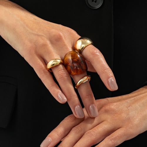Chunky Adjustable Open Ring for Women Vintage Resin Geometric Ring Boho Statement Ring Set CZ Fashion Classic Jewelry Accessories - color: Gold2