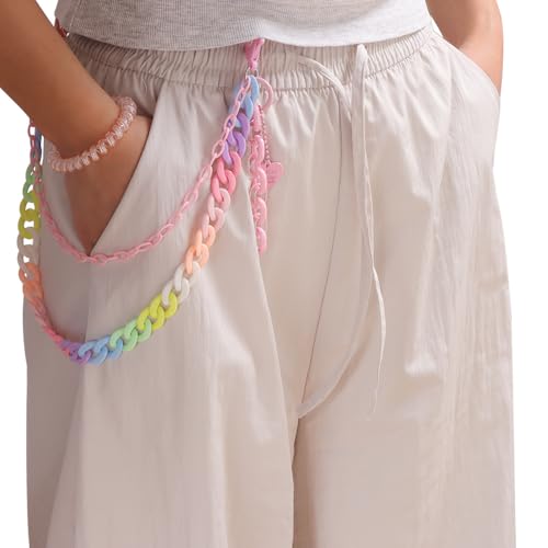 Y2k Heart Pendant Rainbow Acrylic Pants Trousers Chain for Women Chunky Colorful Resin Removable Love Charm Layered Rock Wallet Belt Pocket Waist Jeans Belly Chains Backpack Body Accessories - color: Pink
