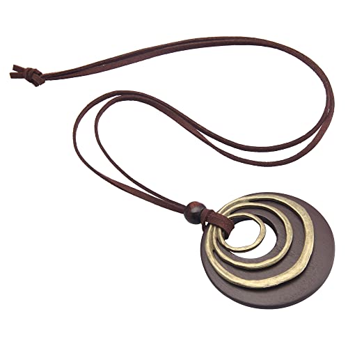 GelConnie Leather Cord Necklace Chain Multilayer Wooden Pendant Necklaces Vintage Jewelry Boho Long Sweater Necklace for Women Men - color: Brown Leather Necklace