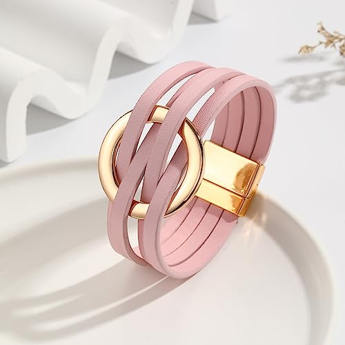 xuzhiyuan Simple Boho Circle Charm Leather Wrap Bracelet Handmade Layered Cuff Bracelets Bohemian Multi Bangle Bracelets Holiday Jewelry Gift for Women - color: Pink