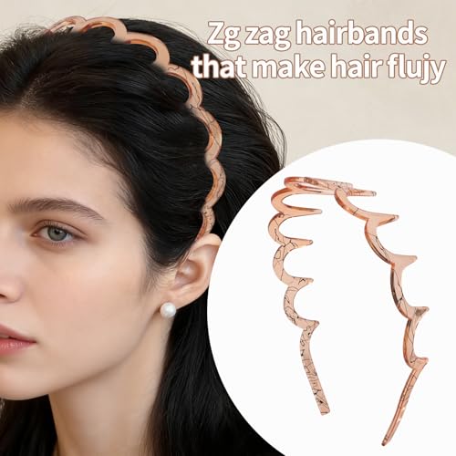 Zigzag Headbands for Women, 2-Pack U-Shaped Hair Comb Headbands, Non-Slip Slick-Back Hair Accessories, Snake Print Gray & Brown Recycled Plastic, Teeth Hairband for Everyday Styling & Workout - color: Snake Print Gray & Brown