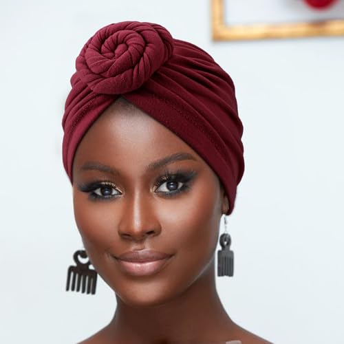 African Women Turban Caps Pre-Tied Twisted Turbans Head Scarf for Women Hair Wraps Cover Beanie Cancer Chemo Headwear - color: 1 Pack Twisted Braid: Burgundy