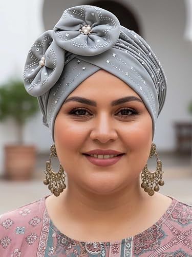 Woeoe Beanie Cap Head Wrap Black Rhinestones Head Scarf Flower Pearls Twisted Head Turban for Women Girls - color: Grey