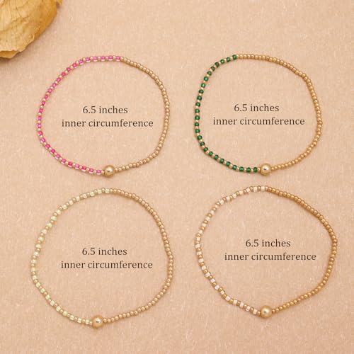 Gold Beaded Stackable Friendship Bracelets Set for Women, Handmade Boho Stretch Summer Jewelry Gift. - color: gold green fuchsia white