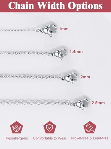 FOCALOOK Womens Chain Necklaces 1mm/1.4mm/2mm Cable Chain Necklace, 316L Stainless Steel Silver/Black/14K Gold/Rose Gold Plated, Hypoallergenic Chains for Pendant,14-30" - color: 1mm Silver, size: 16 Inch