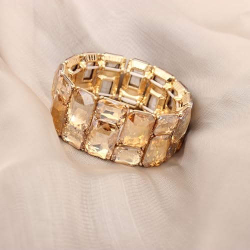 Women’s Wedding Bridal Crystal Leaf Flower Stretch Bangle Elastic Wide Bracelet Jewelry for Brides Bridesmaid - color: Style2-Champagne-Gold Plated