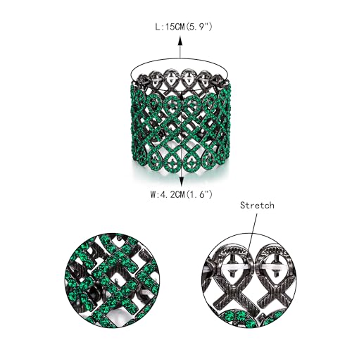 EVER FAITH Art Deco Love Knot Wide Stretch Bridal Bracelet Austrian Crystal - color: Green Black-Tone