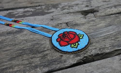 Handmade Native American Style Tribal ethnic Seed Bead Beaded Layered Medallion Necklace #1 - color: Skyblue Rose