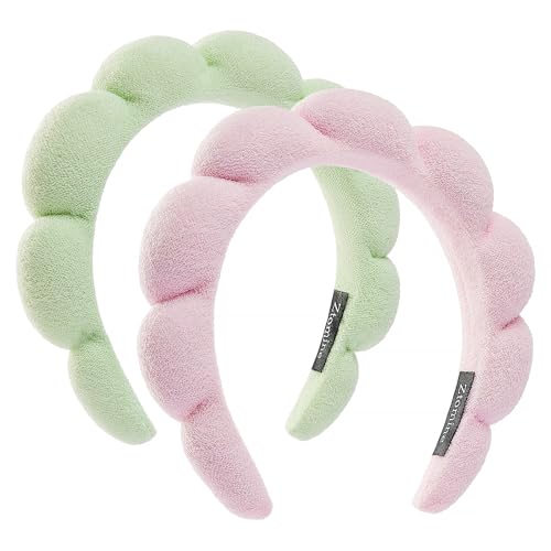 Ztomine Spa Headbands - Set of 2 Terry Cloth Face Wash Headbands for Makeup Removal, Mask (Pink + Light Green) - color: Pink + light green