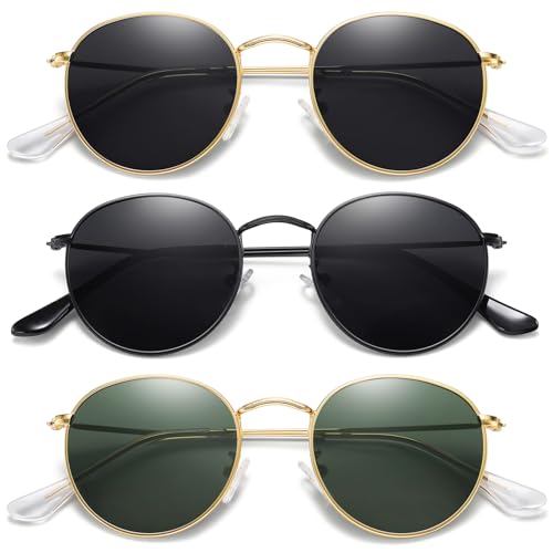 MEETSUN Round Polarized Sunglasses for Women Men Classic Retro Metal Frame Sun Glasses UV Protection - color: (3 Pack) Gold/Grey + Black/Grey + Gold/Dark Green