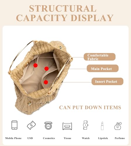 KingTo Straw Beach Bag for Women, Boho Raffia Handbag with Ring Handle | Hand-woven straw texture, gold studs, metal ring handle and magnetic closure lift beach, resort and summer looks